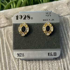 1928 gold black and crystal post back earrings NEW old stock made in USA